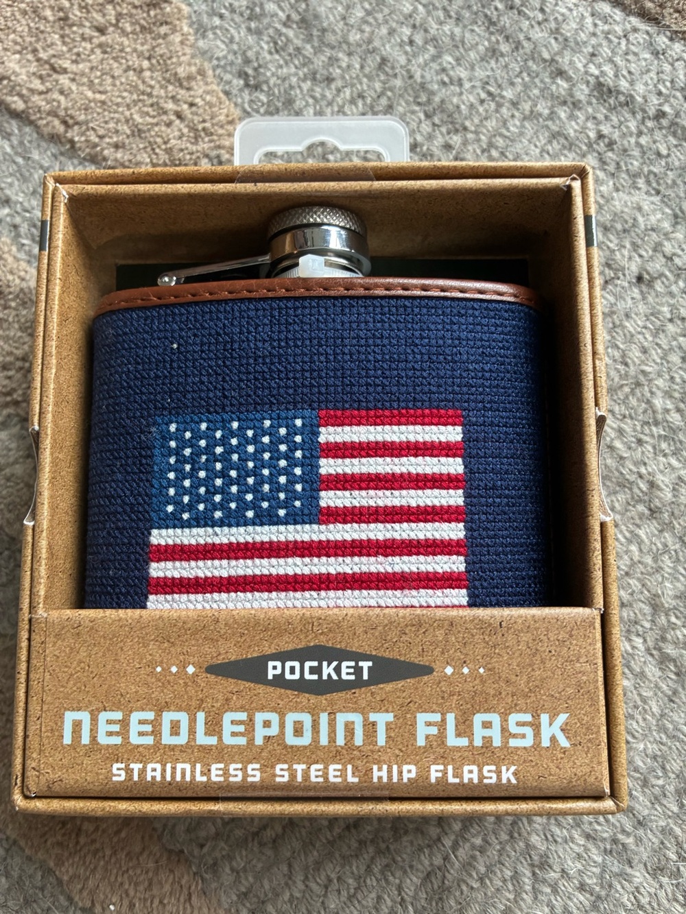Needlepoint Pocket Flask in Navy with American Flag
